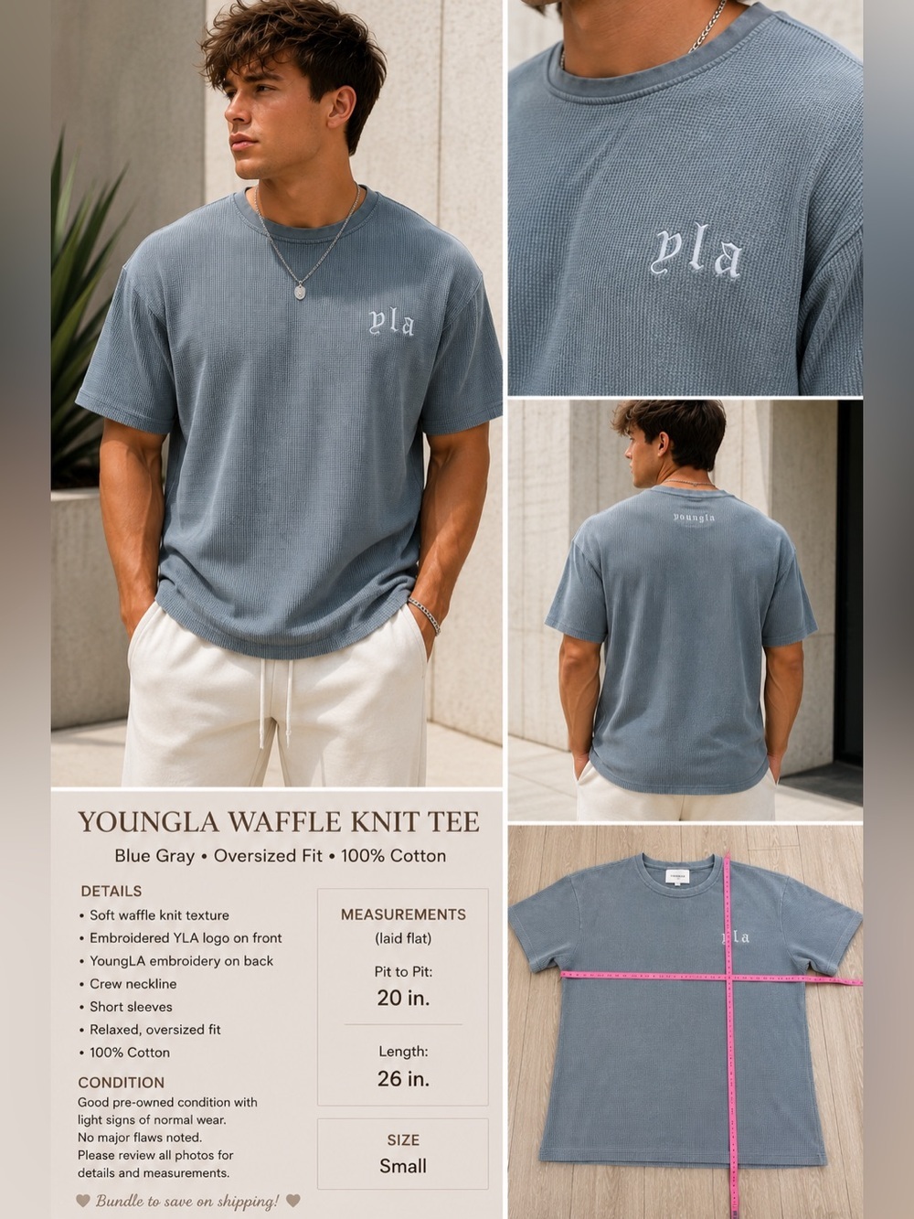 YoungLA Blue-Gray Waffle Knit Tee - Men's Oversized Short Sleeve